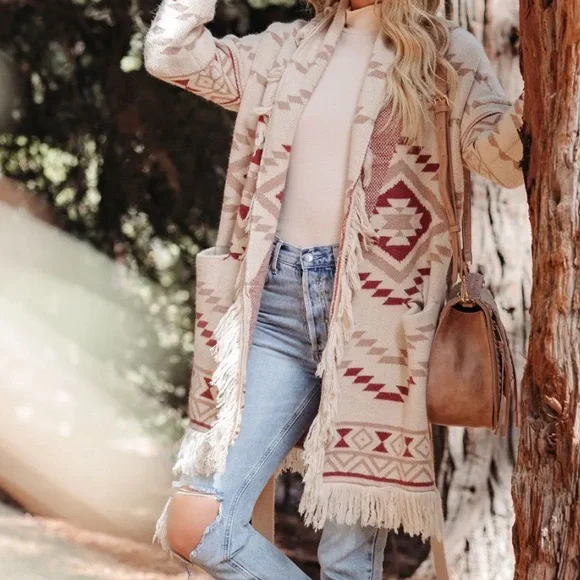 VICI ⭐️NWT Aztec Long CARDIGAN with Fringe - Relaxed Fit (LAST ONE) - Picture 1 of 7